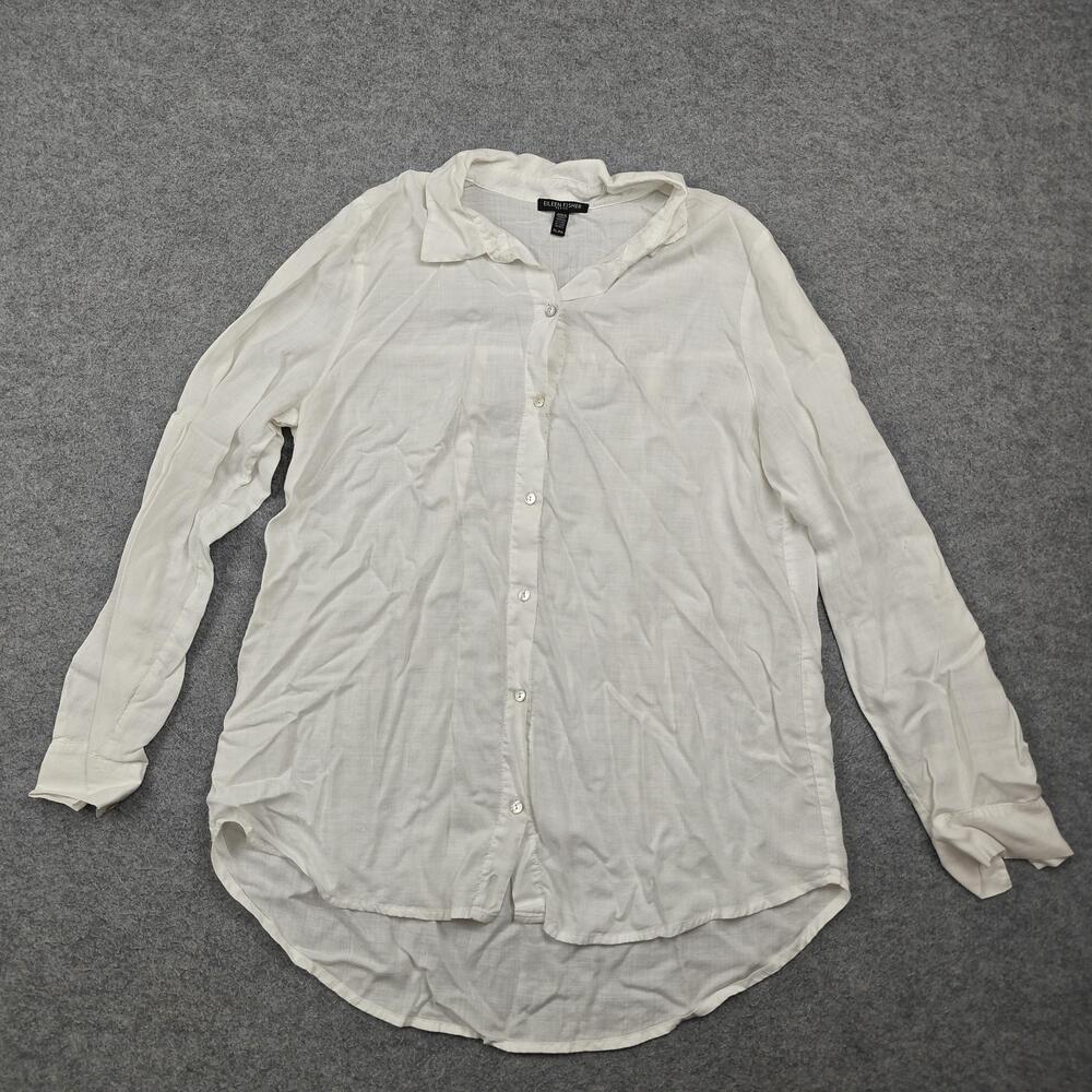Eileen Fisher Blouse Womens Large Petite White Tunic Collared Lyocell Button